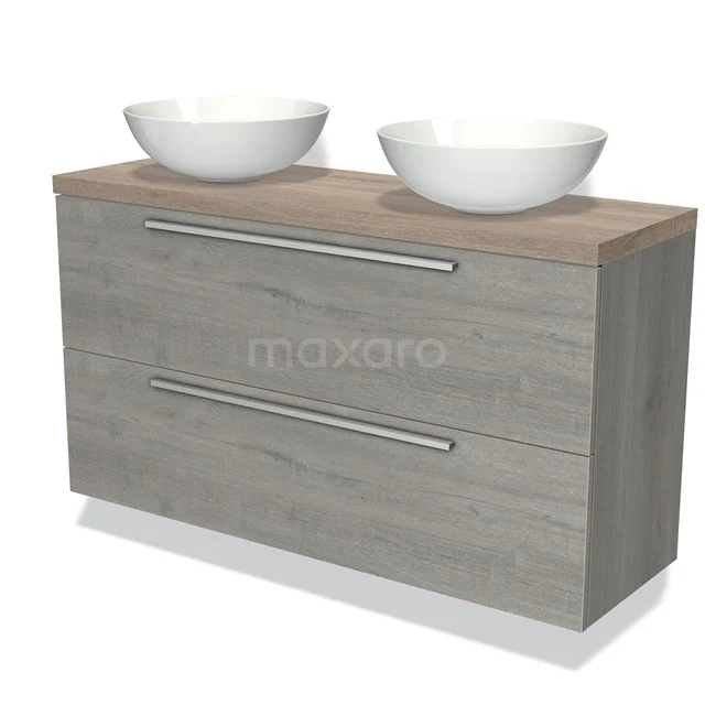 Graues Holz Badezimmermöbel mit zwei weißen Aufsatzwaschbecken, modernes Design mit Edelstahl Griffen und einem warmen Holzmaserung Muster.