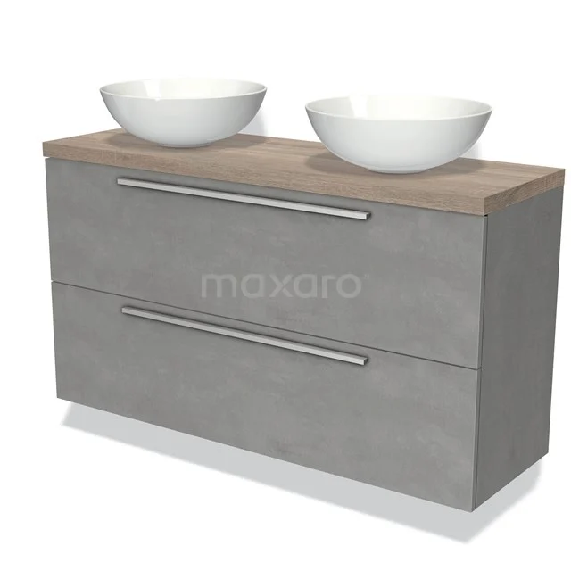 Graue Badmöbelset mit Betonlook, zwei weißen Aufsatzwaschbecken und holzfarbener Platte; modernes Design für stilvolle Bäder.