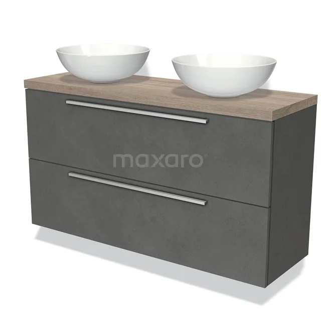 Graue schwebende Badmöbelset mit Holzplatte und doppelten weißen Schalen, modernes Design.
