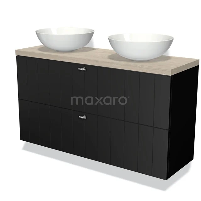 Badmöbel mit Konsole 120cm Modulo Plato Slim Matt Schwarz 2 Schubladen Laminat BMK37-02030 Schwarzer Badschrank mit Holzplatte und zwei weißen Aufsatzwaschbecken, modernes Design, ideal für stilvolle Badezimmergestaltung.