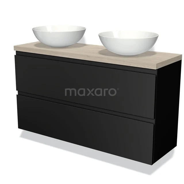 Modulo Plato Slim Vanity units for countertop basin | 120 cm Matte black Handle-less front Light grey oak worktop 2 Stacked drawers BMK37-02031