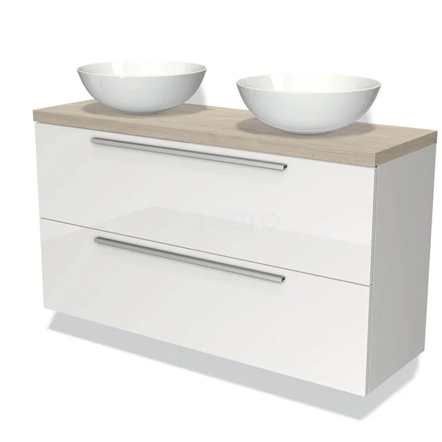 Modulo Plato Slim Badmöbel mit Aufsatzwaschbecken | 120 cm Hochglanz Weiß Flach front Hellgraue Eiche blatt 2 übereinanderliegende Schubladen BMK37-02035 Weißes Hochglanz-Badmöbel mit Holzplatte und zwei Aufsatz-Waschbecken, modernes Design mit silbernen Haltegriffen.