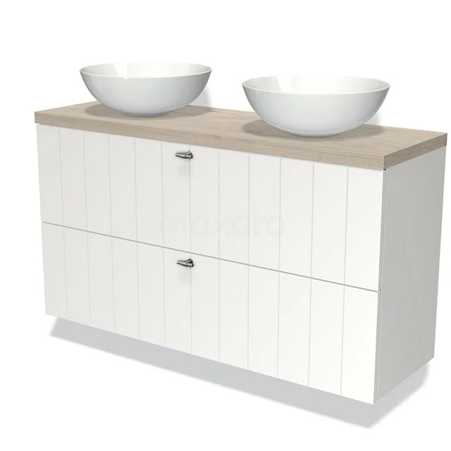 Modulo Plato Slim Badmöbel mit Aufsatzwaschbecken | 120 cm Matt Weiß Lamelle front Hellgraue Eiche blatt 2 übereinanderliegende Schubladen BMK37-02039 Weißes Holz Badezimmermöbel mit zwei runden Aufsatzwaschbecken, einer hellen Holz Platte und modernen Haltegriffen.