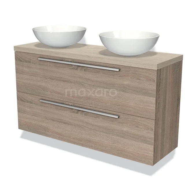 Holz Badezimmermöbel mit zwei weißen Aufsatzwaschbecken, moderne Ausstrahlung und praktisches Design, ideal für ein stilvolles Badezimmer.