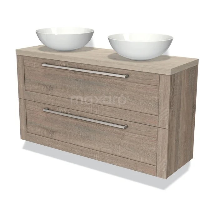 Modulo Plato Slim Badmöbel mit Aufsatzwaschbecken | 120 cm Eiche Rahmen front Hellgraue Eiche blatt 2 übereinanderliegende Schubladen BMK37-02048 Hölzernes Badezimmermöbel mit zwei Waschbecken, doppelten Schubladen und modernen stahlgrauen Haltegriffen, ideal für stilvolle Bäder.