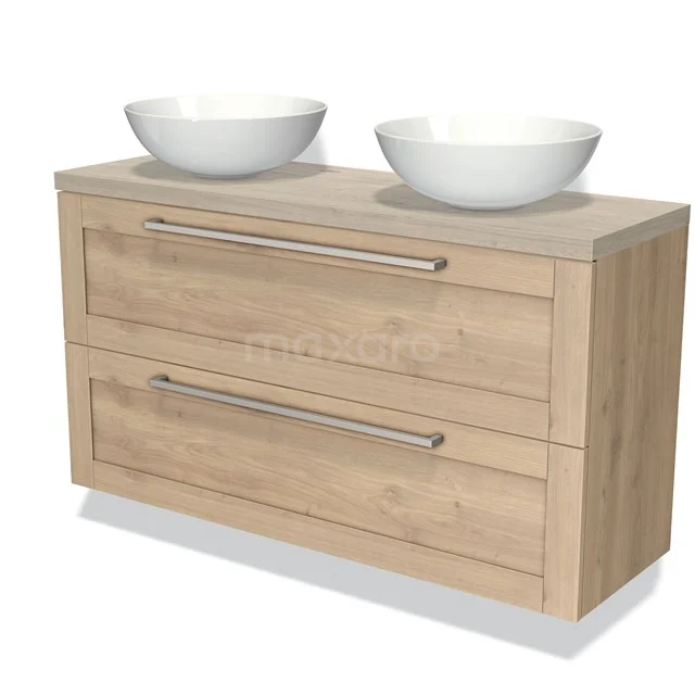 Holz Badezimmermöbel mit doppeltem Aufsatzwaschbecken, heller Eiche-Oberfläche und metallischen Haltegriffen, perfekt für moderne Bäder.