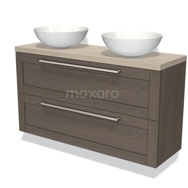 Wooden bathroom unit with two drawers, double basin and modern handles, ideal for stylish bathroom design.