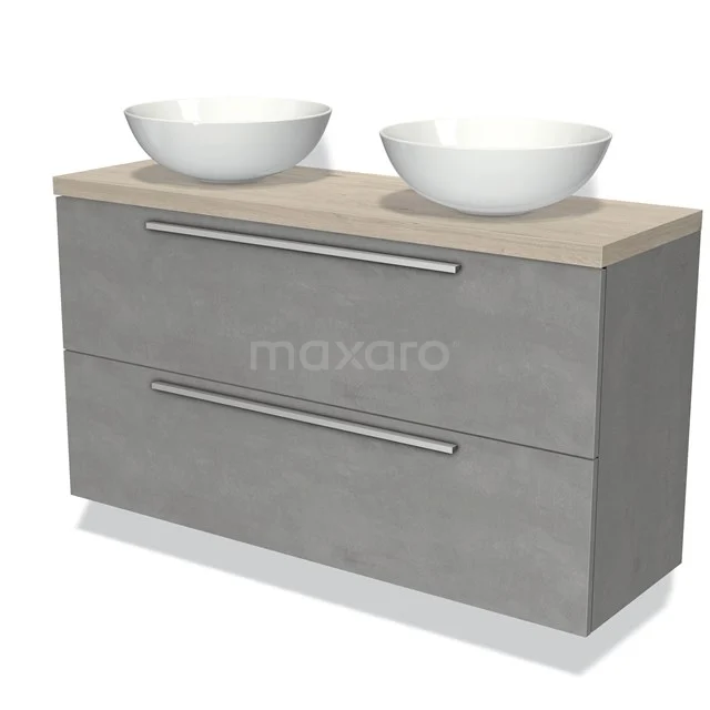 Graue Badmöbelset mit zwei holzfarbigen Schubladen und doppelten weißen Aufsatzwaschbecken, modernes Design für stilvolles Badezimmerinterieur.