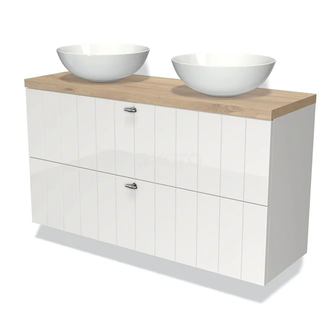 Weißes Badezimmermöbel mit Holzlook Platte, doppelte Aufsatzwaschbecken, moderne Designlinie, ideal für stilvolle Badezimmergestaltung.