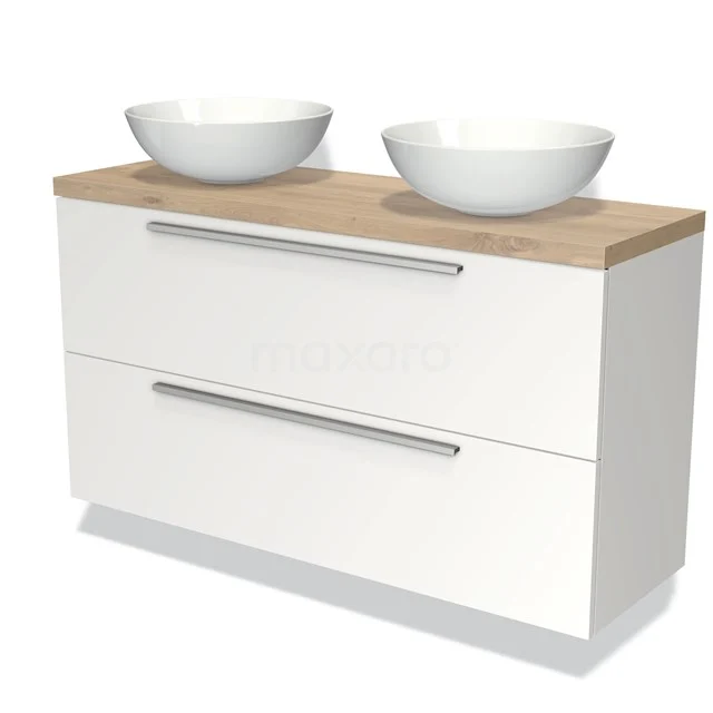 Badmöbel mit Konsole 120cm Modulo Plato Slim Matt Weiß 2 Schubladen Flach BMK37-02068 Weißes Doppel-Waschtischmöbel mit Holzplatte, minimalistisches Design, perfekt für eine moderne Badezimmergestaltung.