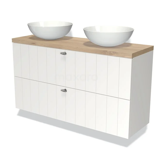 Weißes Holz Badezimmermöbel mit doppelten Aufsatzwaschbecken und Eichen Platte, perfekt für stilvolle Badezimmerlagerung.