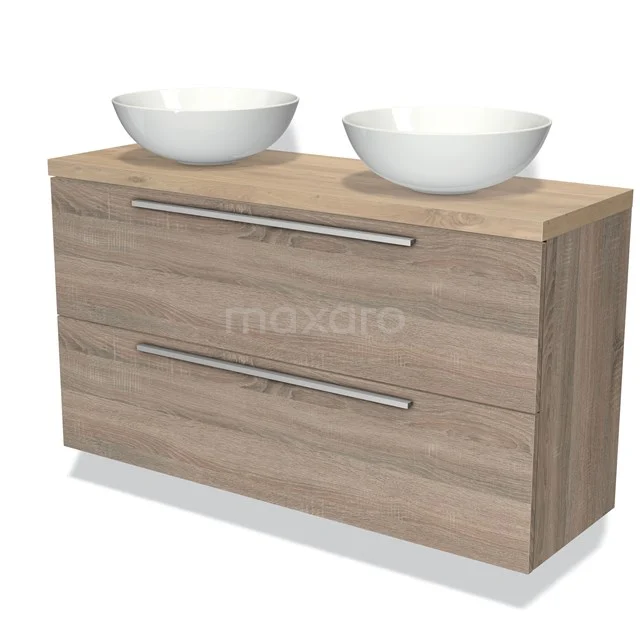 Holz-Badmöbel mit zwei weißen Waschbecken, minimalistisches Design und modernen chromatischen Griffen.