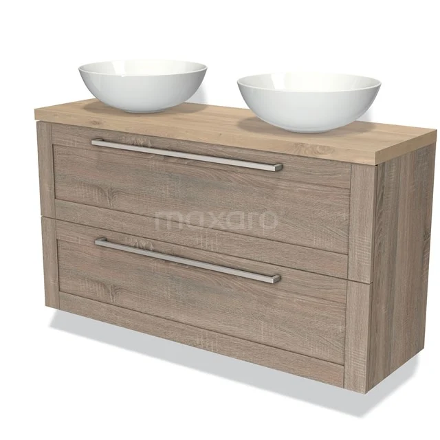 Modulo Plato Slim Badmöbel mit Aufsatzwaschbecken | 120 cm Eiche Rahmen front Hellbraune Eiche blatt 2 übereinanderliegende Schubladen BMK37-02078 Hölzernes Badezimmermöbel mit Doppelwaschbecken, modernes Design, einschließlich zwei geräumigen Schubladen und eleganten Metallhaltegriffen.