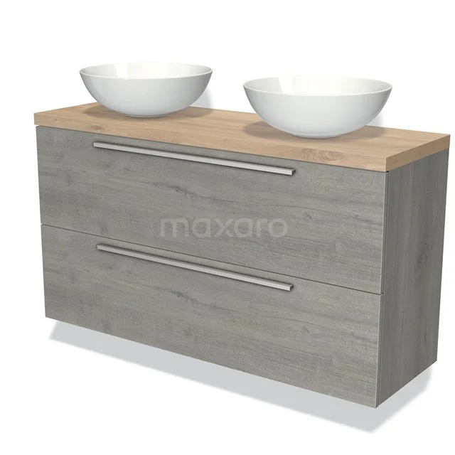 Modulo Plato Slim Vanity units for countertop basin | 120 cm Grey oak Flat front Light brown oak worktop 2 Stacked drawers BMK37-02085