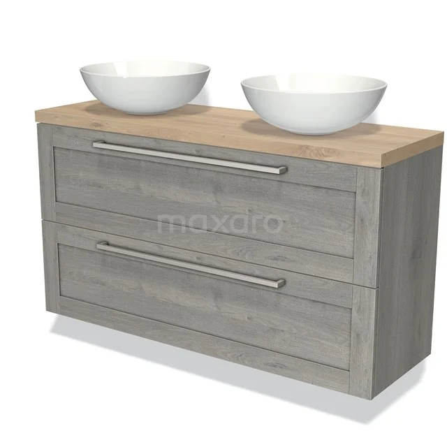 Modulo Plato Slim Badmöbel mit Aufsatzwaschbecken | 120 cm Graue Eiche Rahmen front Hellbraune Eiche blatt 2 übereinanderliegende Schubladen BMK37-02086 Graue Badmöbelset mit doppelter Waschtischplatte, Holzoptik und zwei weißen ovalen Aufsatzwaschbecken, ideal für moderne Bäder.