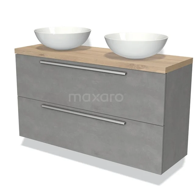 Waschtischunterschrank mit Konsole 120cm Modulo Plato Slim hellgrauer Beton 2 Schubladen Flach BMK37-02087 Graue Badmöbelset mit Holzplatte, zwei weißen keramischen Aufsatzwaschbecken und doppelten Schubladen für Stauraum.