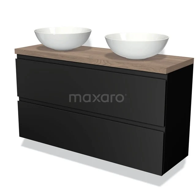 Modulo Plato Slim Vanity units for countertop basin | 120 cm Matte black Handle-less front Mid brown oak worktop 2 Stacked drawers BMK37-02091