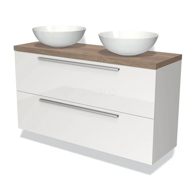 Weißes Badezimmermöbel mit Holzlook Platte und zwei runden Aufsatzwaschbecken, moderne Ausführung mit schlichten Griffen und zwei Schubladen.