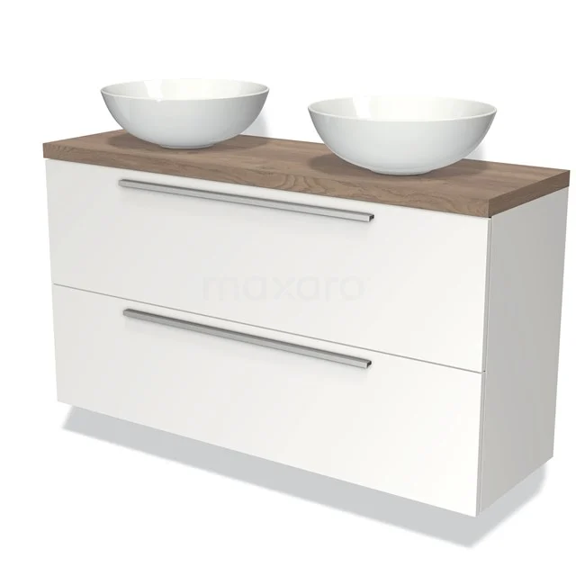 Weiße Badmöbelset mit Holzplatte, zwei runden Aufsatzwaschbecken und breiten Schubladen, modernes Design.