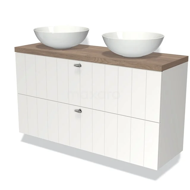 Badmöbel mit Konsole 120cm Modulo Plato Slim Matt Weiß 2 Schubladen Laminat BMK37-02099 Weißes Holz Badezimmermöbel mit zwei runden Aufsatzwaschbecken und einer holzfarbigen Platte, ideal für einen modernen Stil.