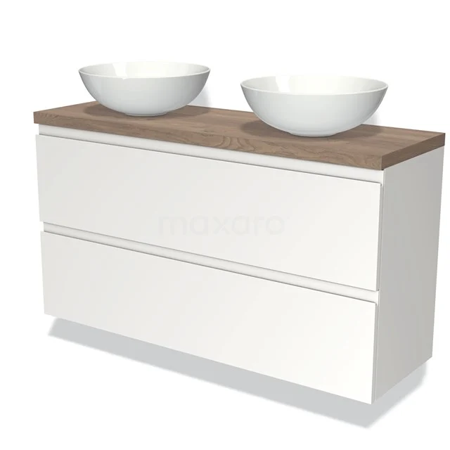 Modulo Plato Slim Badmöbel mit Aufsatzwaschbecken | 120 cm Matt Weiß Grifflos front Mittelbraune Eiche blatt 2 übereinanderliegende Schubladen BMK37-02100 Weißes hängendes Badmöbel mit Holzplatte und zwei runden Aufsatzwaschbecken, moderner Stil, ideal für geräumige Bäder.