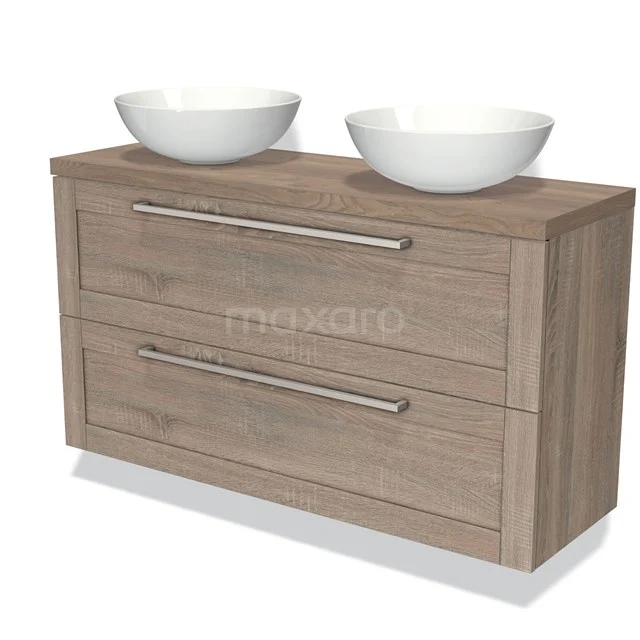Badmöbelunterschrank mit Konsole 120cm Modulo Plato Slim Eiche 2 Schubladen Rahmen BMK37-02108 Holz-Badmöbel mit zwei Schubladen, doppelten Aufsatzwaschbecken und modernen Haltegriffen, ideal für eine stilvolle Badezimmer Einrichtung.