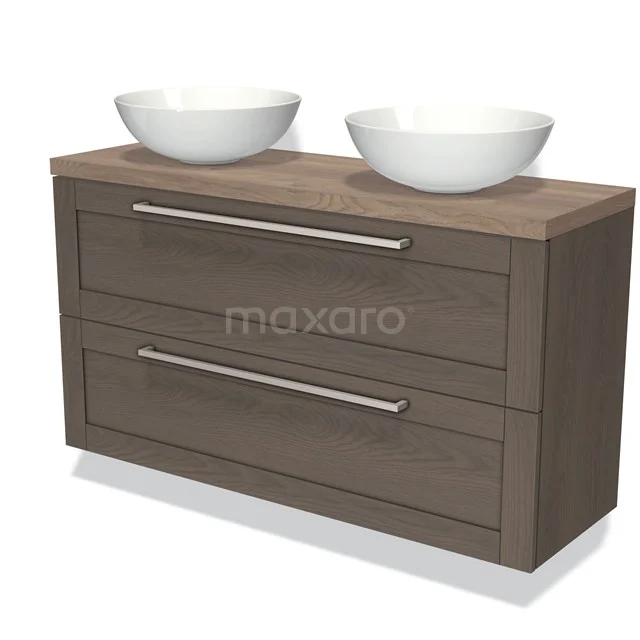 Modulo Plato Slim Vanity units for countertop basin | 120 cm Dark brown oak Frame front Mid brown oak worktop 2 Stacked drawers BMK37-02114