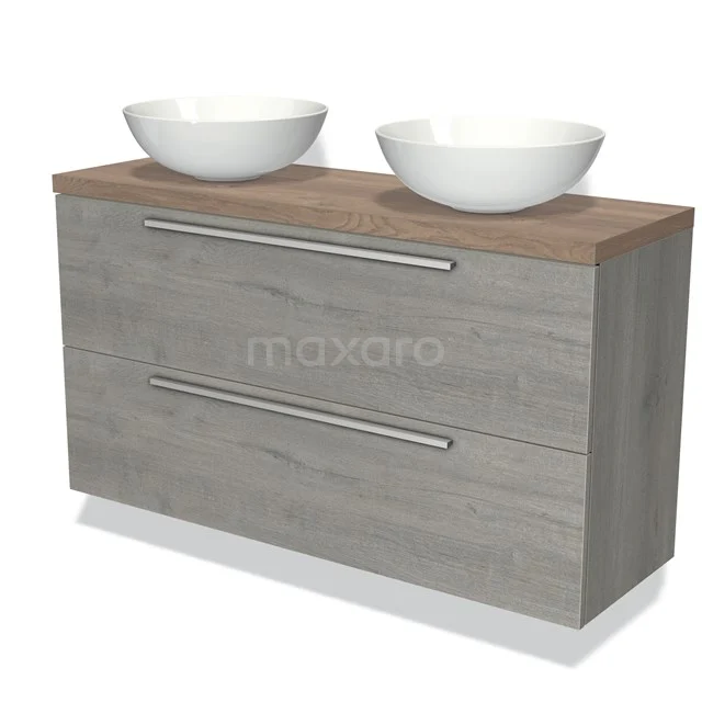 Modulo Plato Slim Vanity units for countertop basin | 120 cm Grey oak Flat front Mid brown oak worktop 2 Stacked drawers BMK37-02115