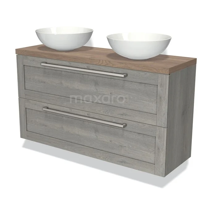 Modulo Plato Slim Vanity units for countertop basin | 120 cm Grey oak Frame front Mid brown oak worktop 2 Stacked drawers BMK37-02116