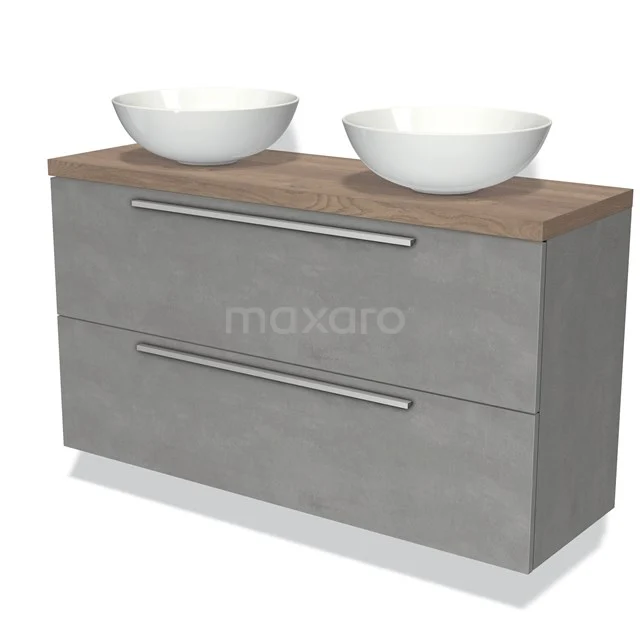 Modulo Plato Slim Vanity units for countertop basin | 120 cm Light grey concrete Flat front Mid brown oak worktop 2 Stacked drawers BMK37-02117