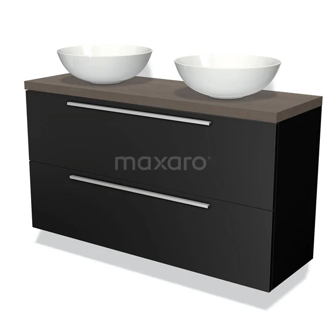 Modulo Plato Slim Vanity units for countertop basin | 120 cm Matte black Flat front Dark brown oak worktop 2 Stacked drawers BMK37-02119