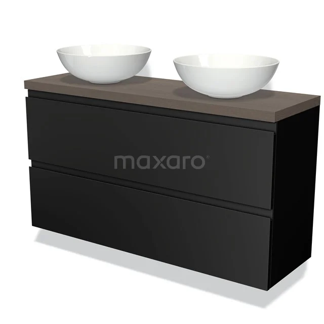Modulo Plato Slim Vanity units for countertop basin | 120 cm Matte black Handle-less front Dark brown oak worktop 2 Stacked drawers BMK37-02121