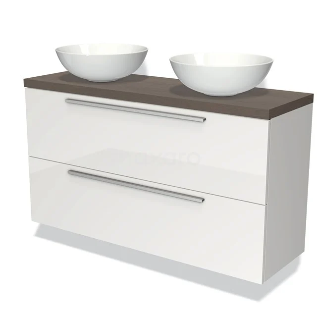 Weiße Badmöbel mit doppeltem Aufsatzwaschbecken und Schränken, Holzlook Platte, modernes Design, ideal für ein stilvolles Badezimmer.