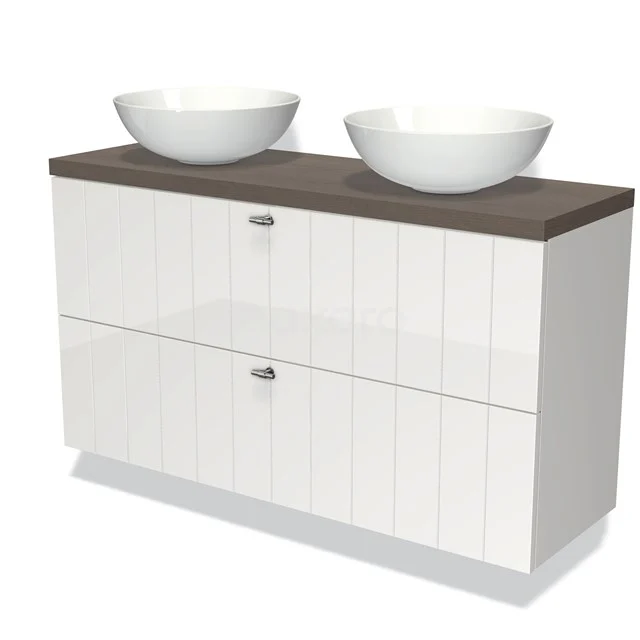 Weißes Waschtischmöbel mit doppelten runden Aufsatzwaschbecken, Holzlook Platte und modernen grifflosen Paneelen, ideal für stilvolle Bäder.