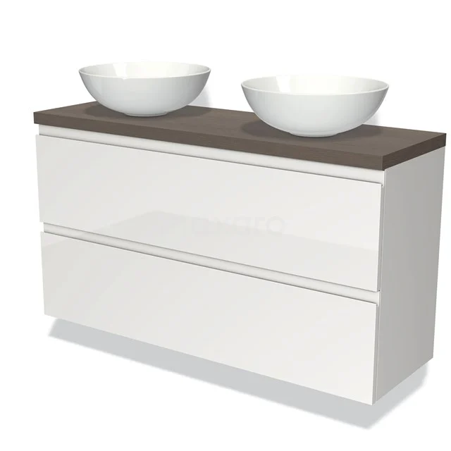 Weiße Badmöbelset mit zwei runden Aufsatzwaschbecken und einer Holzoptik Platte, modernes Design für stilvolle Badezimmergestaltung.