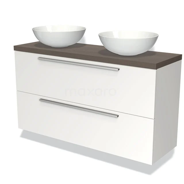 Weißes Badmöbel mit zwei keramischen Aufsatzwaschbecken, Holzoptik-Platte und metallischen Griffen; modernes Design für moderne Bäder.