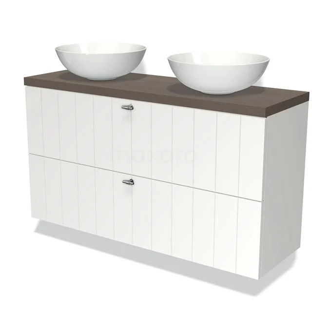 Weißes Badezimmermöbel mit Holzplatte, doppeltem Aufsatzwaschbecken, moderne Ausstrahlung, ideal für stilvolle Badezimmergestaltung.