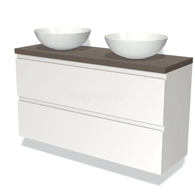 Modulo Plato Slim Badmöbel mit Aufsatzwaschbecken | 120 cm Matt Weiß Grifflos front Dunkelbraune Eiche blatt 2 übereinanderliegende Schubladen BMK37-02130 Weißes Badezimmermöbel mit Holzlook Platte, doppelte komförmige Waschbecken und schlichte moderne Verarbeitung.