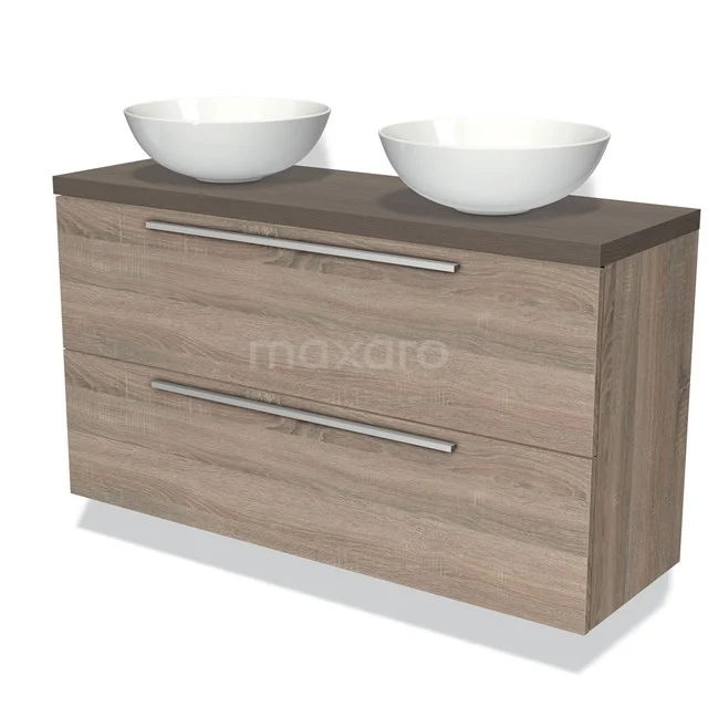 Modulo Plato Slim Badkamermeubel voor waskom | 120 cm Eiken Vlak front Donkerbruin eiken blad 2 lades onder elkaar BMK37-02137