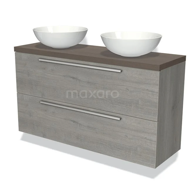 Modulo Plato Slim Vanity units for countertop basin | 120 cm Grey oak Flat front Dark brown oak worktop 2 Stacked drawers BMK37-02145
