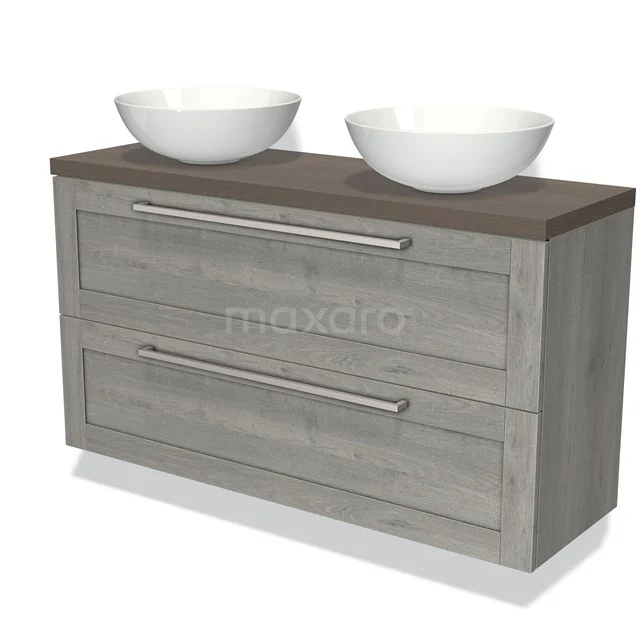 Modulo Plato Slim Vanity units for countertop basin | 120 cm Grey oak Frame front Dark brown oak worktop 2 Stacked drawers BMK37-02146