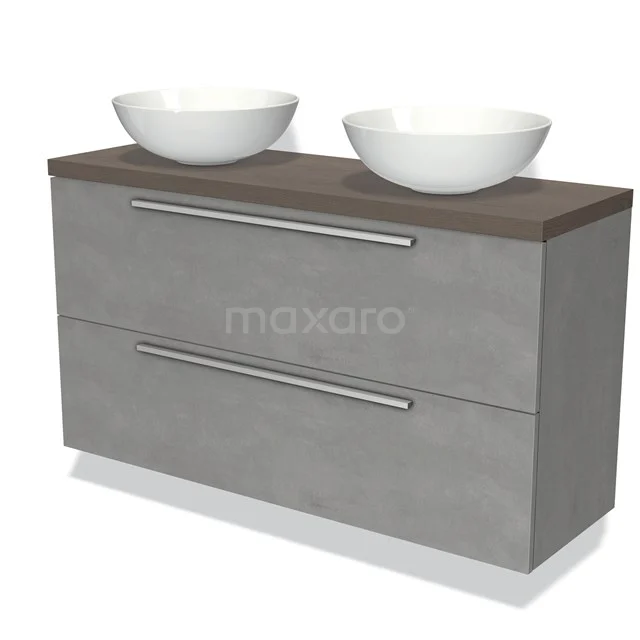 Modulo Plato Slim Vanity units for countertop basin | 120 cm Light grey concrete Flat front Dark brown oak worktop 2 Stacked drawers BMK37-02147