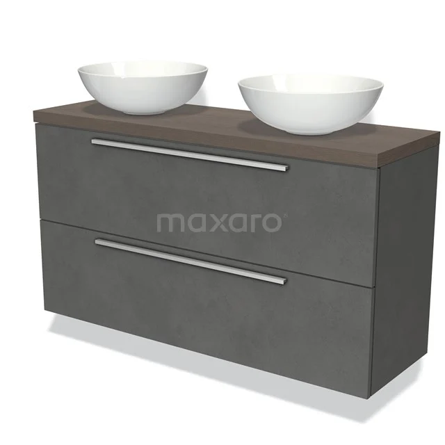 Modulo Plato Slim Vanity units for countertop basin | 120 cm Dark grey concrete Flat front Dark brown oak worktop 2 Stacked drawers BMK37-02148