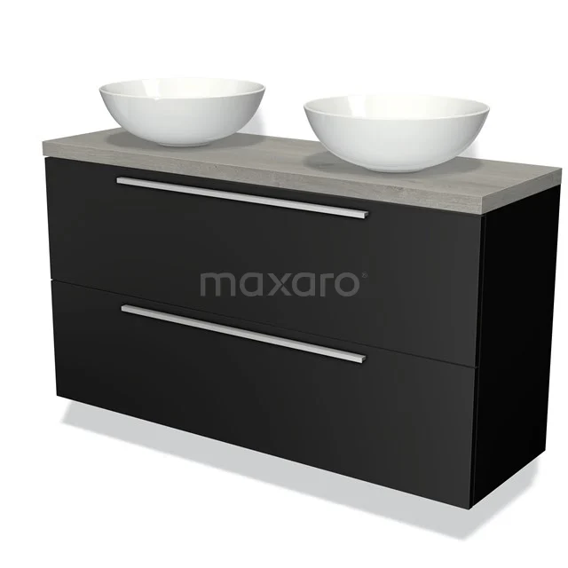 Modulo Plato Slim Vanity units for countertop basin | 120 cm Matte black Flat front Grey oak worktop 2 Stacked drawers BMK37-02149