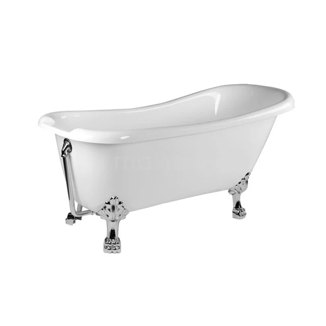 Freistehendes weißes Bad mit eleganten chromfarbenen Füßen, Vintage-Design, perfekt für luxuriöse Badezimmerinterieurs.