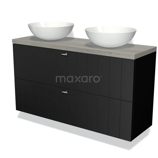 Modulo Plato Slim Vanity units for countertop basin | 120 cm Matte black Slat front Grey oak worktop 2 Stacked drawers BMK37-02150
