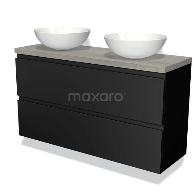 Modulo Plato Slim Vanity units for countertop basin | 120 cm Matte black Handle-less front Grey oak worktop 2 Stacked drawers BMK37-02151