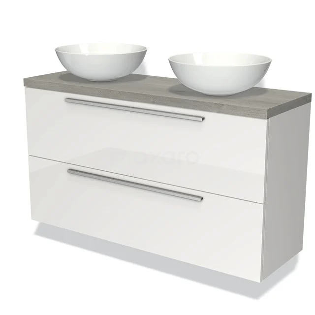 Weiße Badmöbel mit zwei Aufsatzwaschbecken, grauer Holzplatte und modernen Schubladen; ideal für eine stilvolle Badezimmergestaltung.