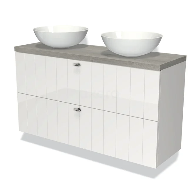 Weiße Badmöbelset mit zwei runden Waschbecken und einer grauen Holzplatte, ideal für stilvolle und moderne Badezimmergestaltung.