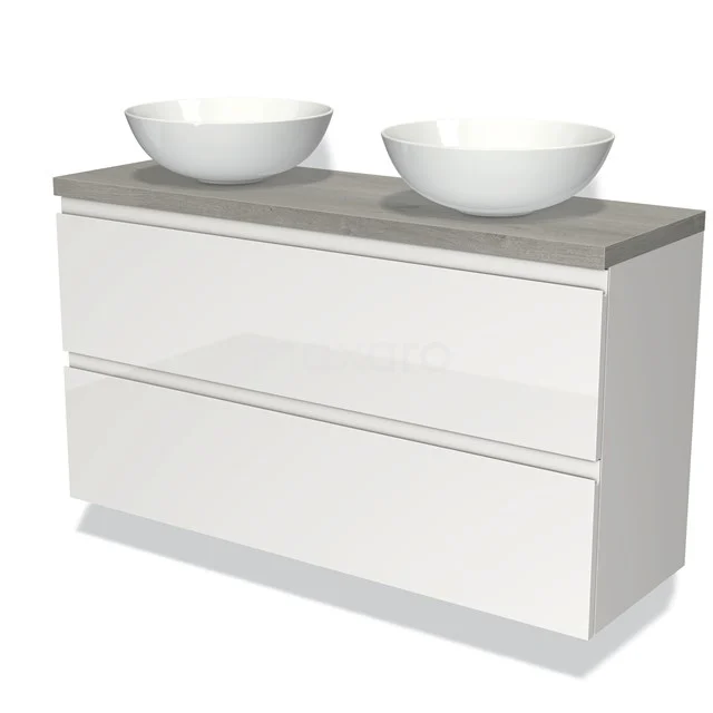 Waschtischunterschrank mit Konsole 120cm Modulo Plato Slim Hochglanz Weiß 2 Schubladen Grifflos BMK37-02157 Weiße Badmöbel mit Holzlook Platte, zwei runden keramischen Waschbecken und Schubladen mit klarem Design.